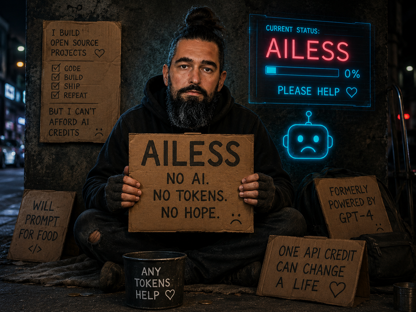 A bearded code veteran sitting on a neon-lit cyberpunk street, holding a cardboard sign reading AILESS — NO AI. NO TOKENS. NO HOPE.